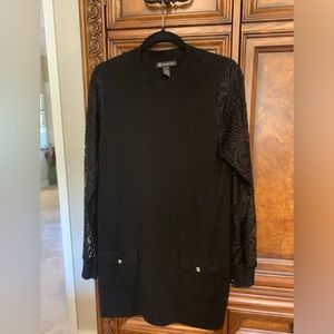 INC Sweater Tunic Dress with Lace Sleeves / Front Faux Pockets with Rhinestones